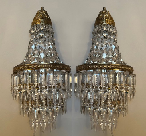 Set Of 2 French Pocket Chandelier Wall Lights Crystal Pendants