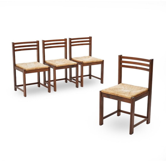 Image 1 of Ensemble de 4 chaises vintage en bois massif et paille tressée, Italie 1970