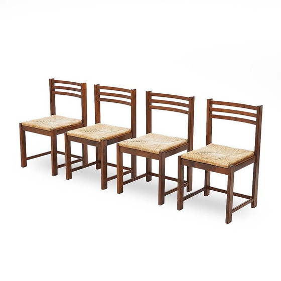 Image 1 of Ensemble de 4 chaises vintage en bois massif et paille tressée, Italie 1970