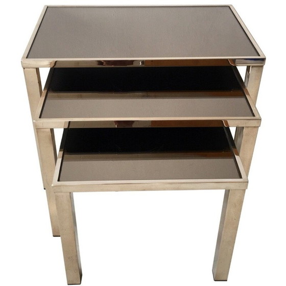 Image 1 of Ensemble de 3 tables gigognes Belgo en métal doré et verre miroir - années 1960