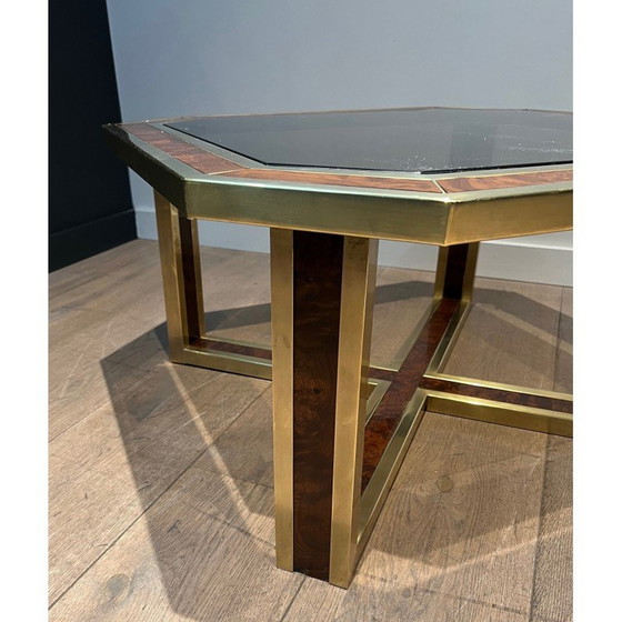 Image 1 of Table basse octogonale en ronce de noyer et laiton, 1970