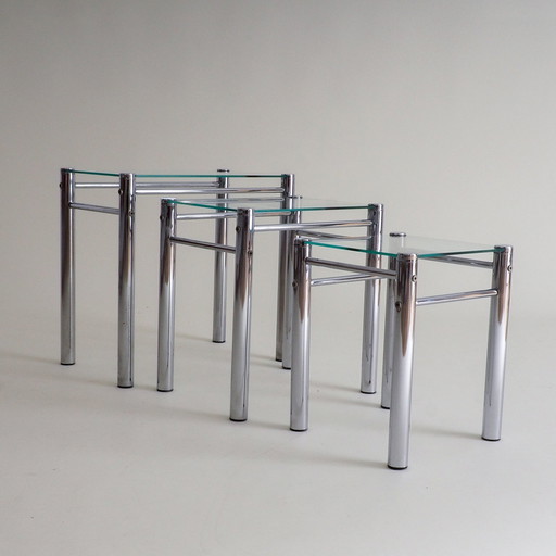 3 tables gigognes Tricom en verre et chrome