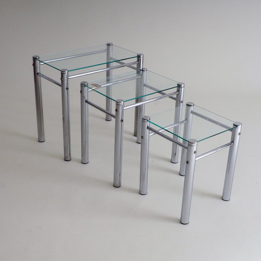 3 tables gigognes Tricom en verre et chrome