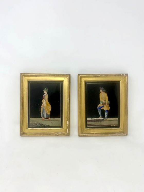 Image 1 of  Paire de petits portraits en marqueterie de micro marbre