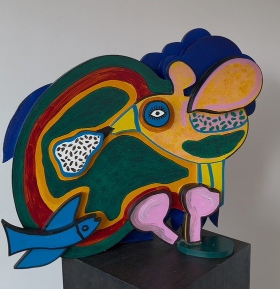 Image 1 of Prachtig Hout Handgeschilderd Sculptuur Van Corneille