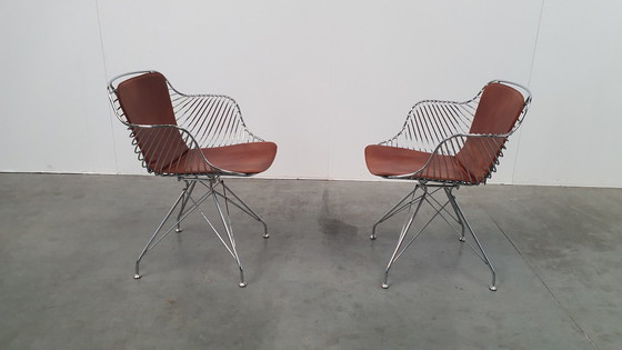 Image 1 of 2 Design Wire Chairs Chrome With Cognac Seat Pads