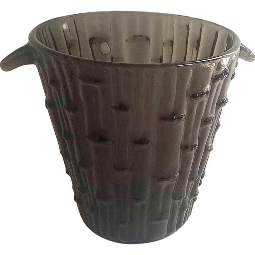 Seau à glace vintage en verre fumé noir avec reliefs, 1950