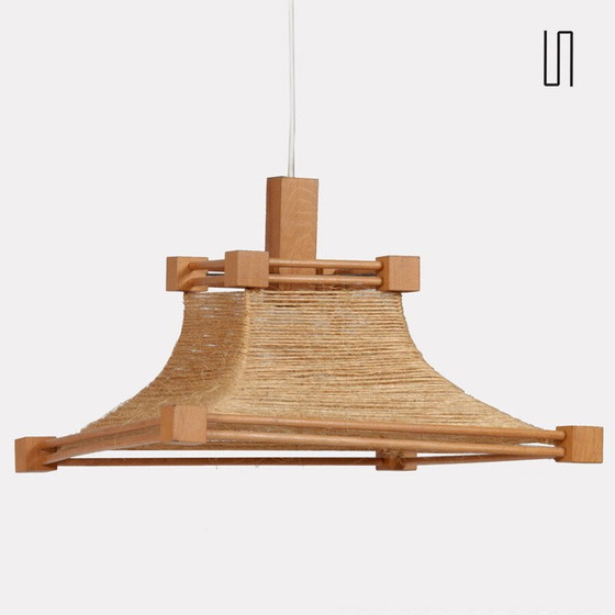 Lampe suspendue vintage en bois et corde, 1960 – Suspensions, Textile, Wood (photo 3 of 5)