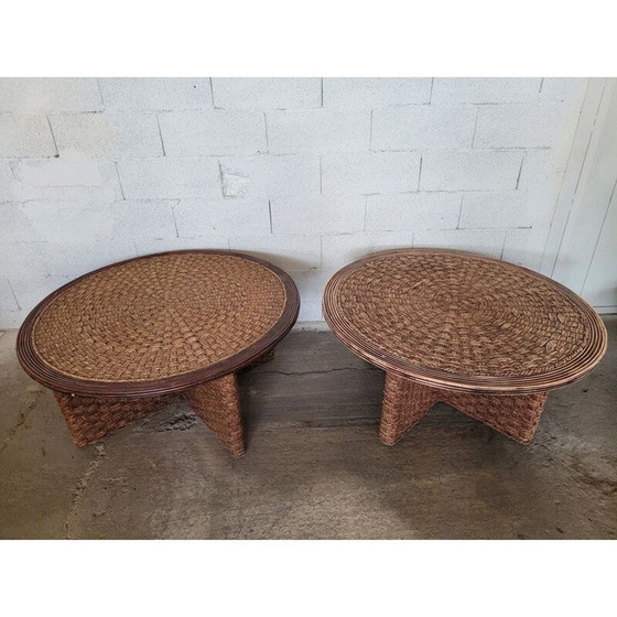 Ensemble de 6 poufs et 2 tables basses vintage en corde et rotin (photo 3 of 4)