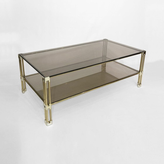 Image 1 of Table basse vintage en laiton et verre fumé par Hollywood Regency, Italie 1970