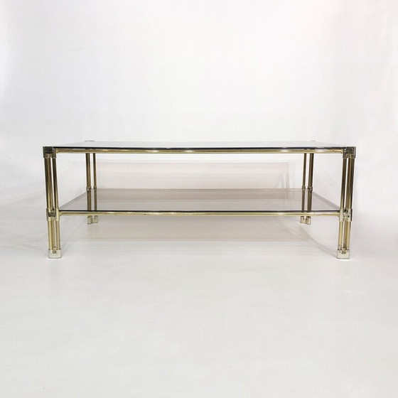 Image 1 of Table basse vintage en laiton et verre fumé par Hollywood Regency, Italie 1970