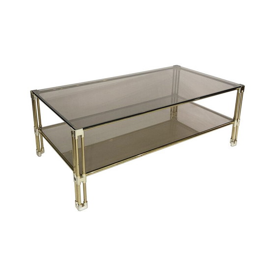 Image 1 of Table basse vintage en laiton et verre fumé par Hollywood Regency, Italie 1970