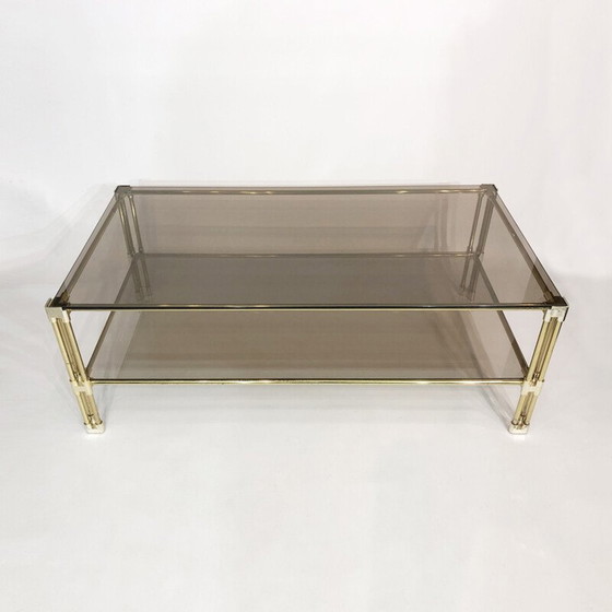Image 1 of Table basse vintage en laiton et verre fumé par Hollywood Regency, Italie 1970