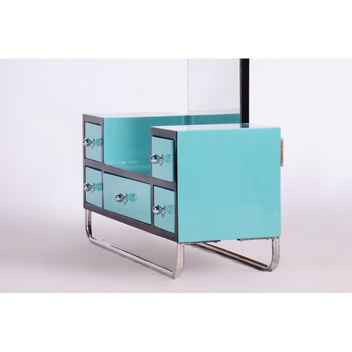 Coiffeuse vintage en bois laqué, acier chromé, miroir et verre, Tchécoslovaquie 1930