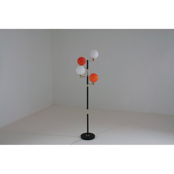 Image 1 of Lampadaire vintage en métal, laiton et opaline pour Arlus, France années 1950