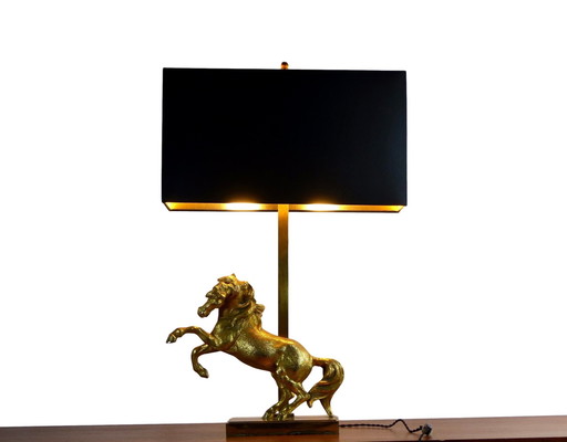 Lampe De Table Cheval En Métal Fonte Dorée 1960