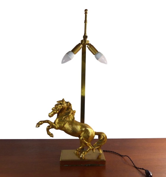 Image 1 of Lampe De Table Cheval En Métal Fonte Dorée 1960