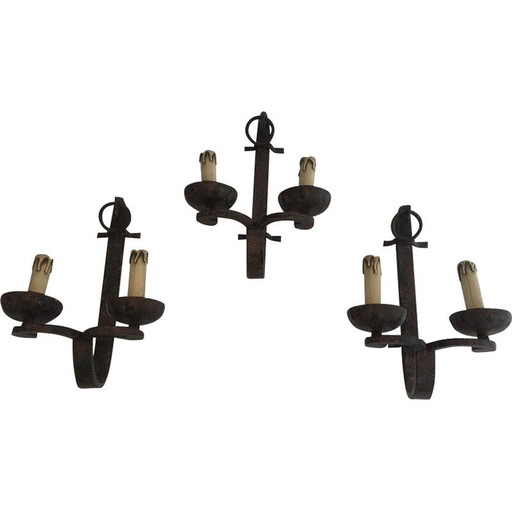 Ensemble de 3 lampes murales vintage en fer forgé, France 1950