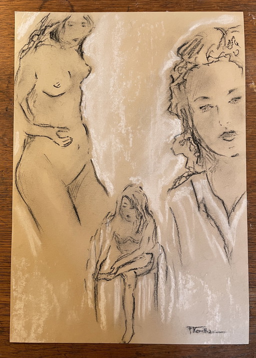 Tableau Fusain Pastel Esquisses Portraits Femmes