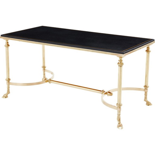 Table basse vintage en laiton massif et cuir noir pour Maison Charles, 1970