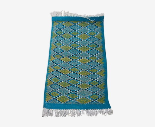 Tapis Bleu Et Jaune Tissé Mains En Laine Naturelle 