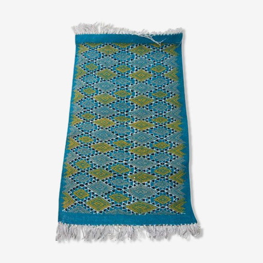 Tapis Bleu Et Jaune Tissé Mains En Laine Naturelle 