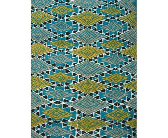 Image 1 of Tapis Bleu Et Jaune Tissé Mains En Laine Naturelle 
