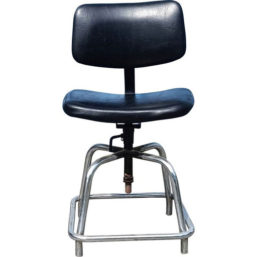 Chaise de laboratoire industrielle vintage en métal chromé et cuir noir, 1960