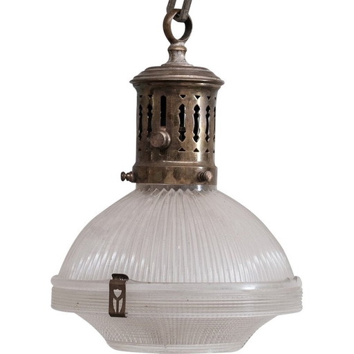 Lampe suspendue vintage en verre, chaîne et rose retenue, France 1950