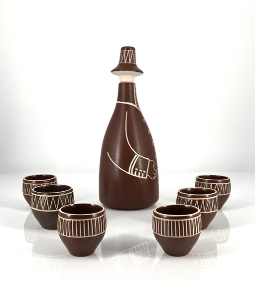 Set Carafe Comprenant 6 gobelets En céramique Arabia ( ?) Finlande Tarina Carafe Mid Century