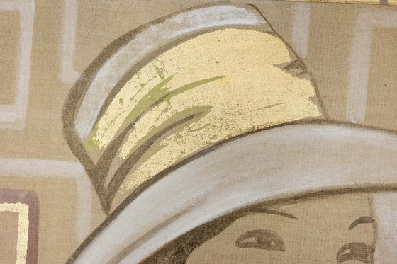 Image 1 of Toile peinte représentant une élégante des années 1950. Contemporain.