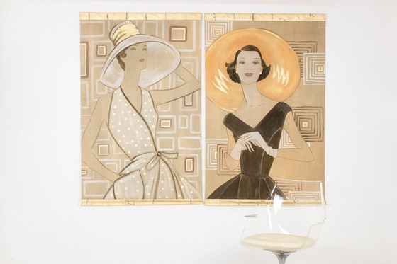 Image 1 of Toile peinte représentant une élégante des années 1950. Contemporain.