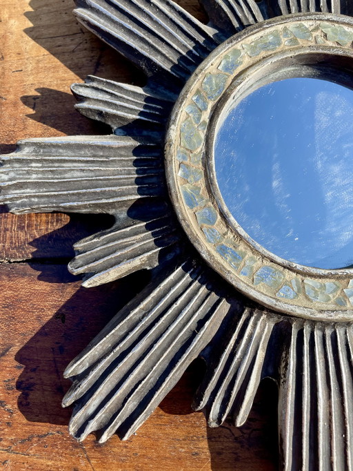 Miroir Soleil En Bois Sculpté Argenté 