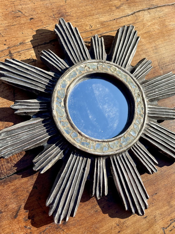 Image 1 of Miroir Soleil En Bois Sculpté Argenté 