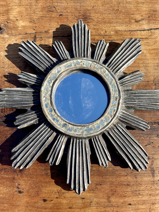 Image 1 of Miroir Soleil En Bois Sculpté Argenté 