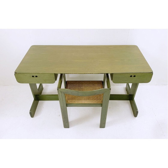 Image 1 of Bureau et chaise en bois vert du milieu du siècle dernier par Derk Jan de Vries, Pays-Bas années 1960