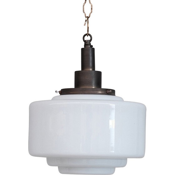 Image 1 of Lampe suspendue vintage en verre opalin et laiton, France 1950s