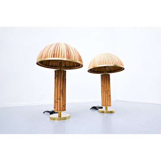 Image 1 of Paire de lampes de table vintage en laiton et bambou, Italie