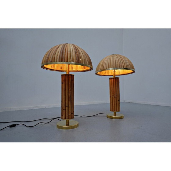Image 1 of Paire de lampes de table vintage en laiton et bambou, Italie