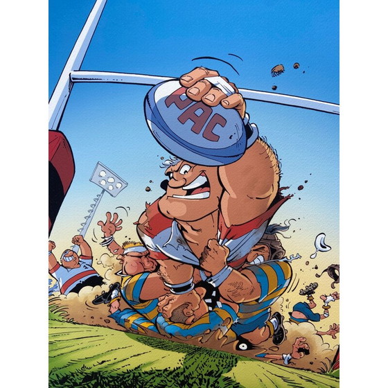 Image 1 of Lithographie vintage de rugbymen par Poupard