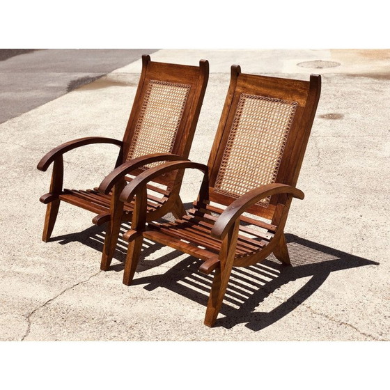 Image 1 of Ensemble de 4 fauteuils vintage en lattes de bois et canne, 1950
