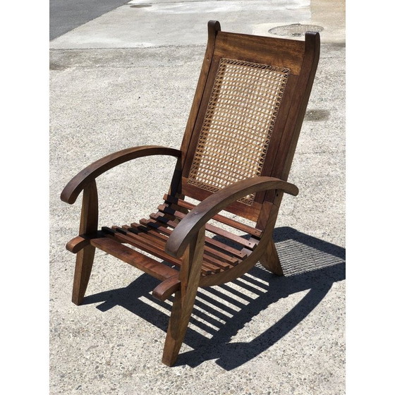 Image 1 of Ensemble de 4 fauteuils vintage en lattes de bois et canne, 1950