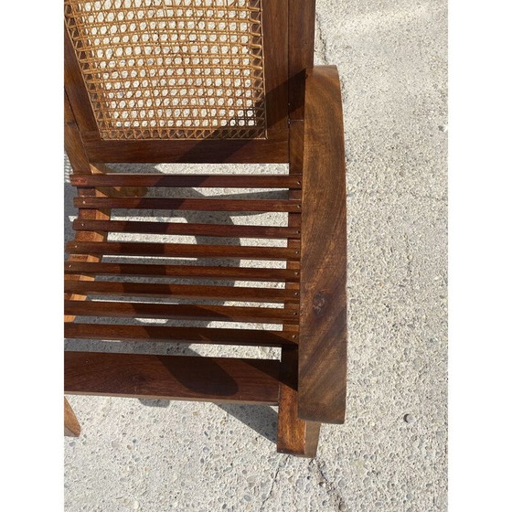 Image 1 of Ensemble de 4 fauteuils vintage en lattes de bois et canne, 1950