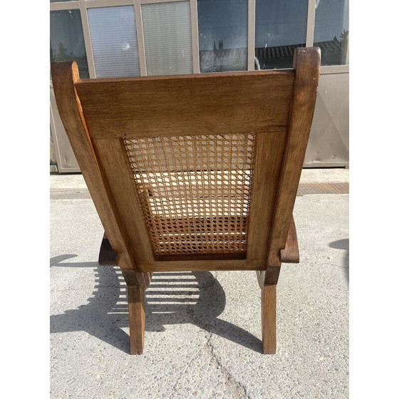 Image 1 of Ensemble de 4 fauteuils vintage en lattes de bois et canne, 1950