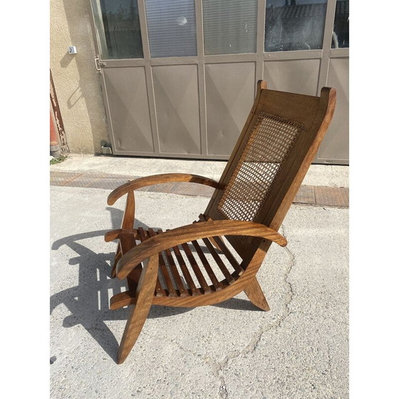Image 1 of Ensemble de 4 fauteuils vintage en lattes de bois et canne, 1950