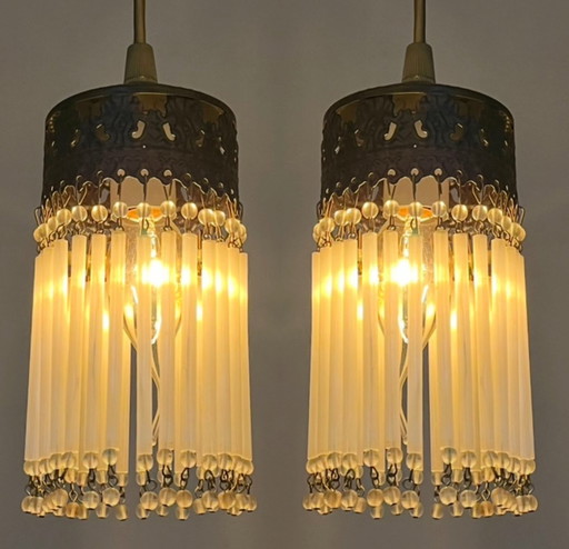 Ensemble de 3 lampes pendantes vintage à tige en opaline cristal