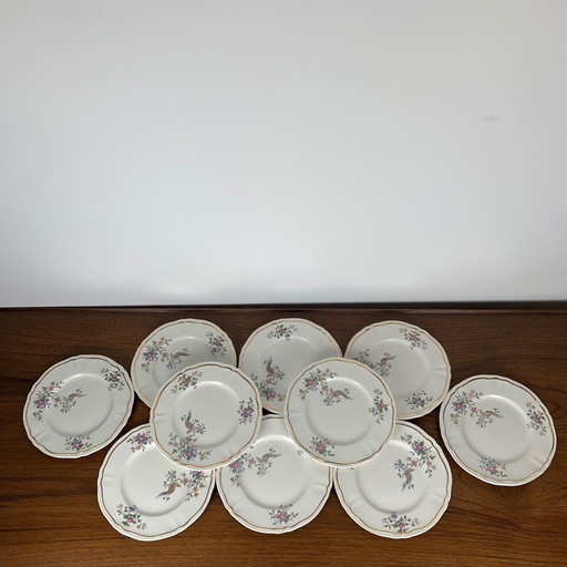 Ensemble de 10 assiettes à dessert, modèle "Chantilly" par Longchamp, 1950/60