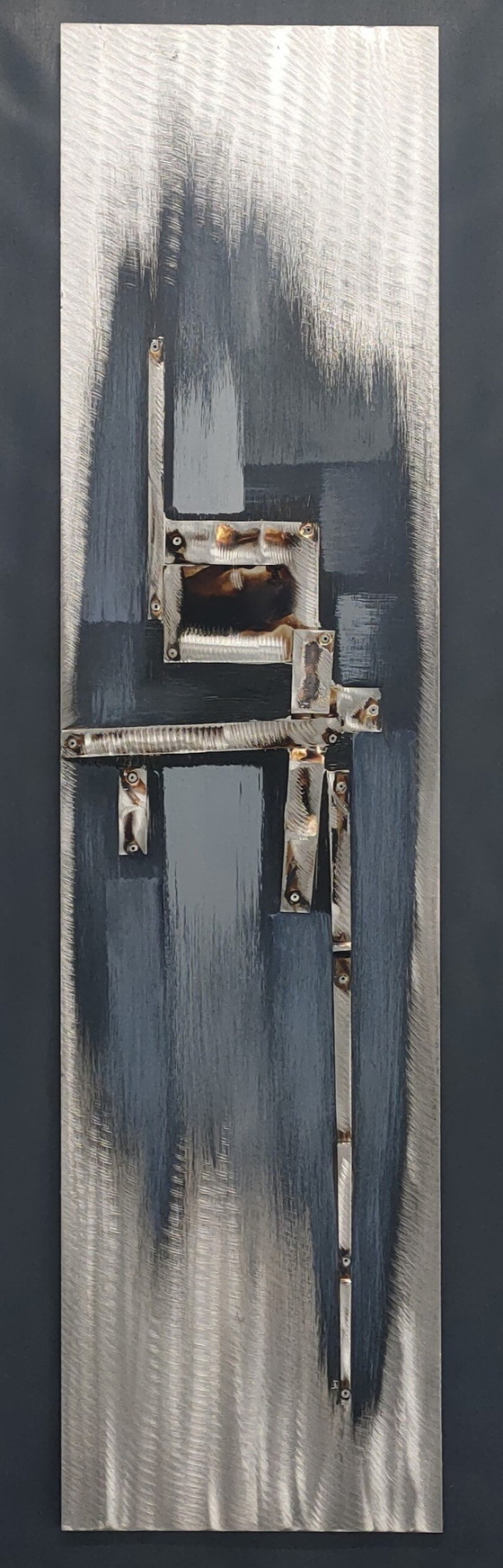 Image 1 of Œuvre d'art abstraite industrielle, œuvre d'art en métal sur toile.