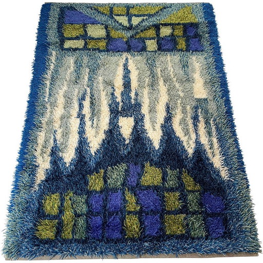 Tapis vintage Rya multicolore en laine à poils longs, Suède, années 1960