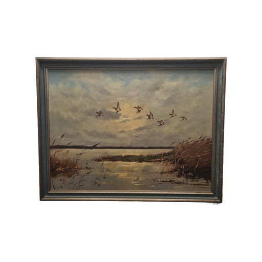 Peinture de paysage avec canards D. vd Velde, années 1970/80